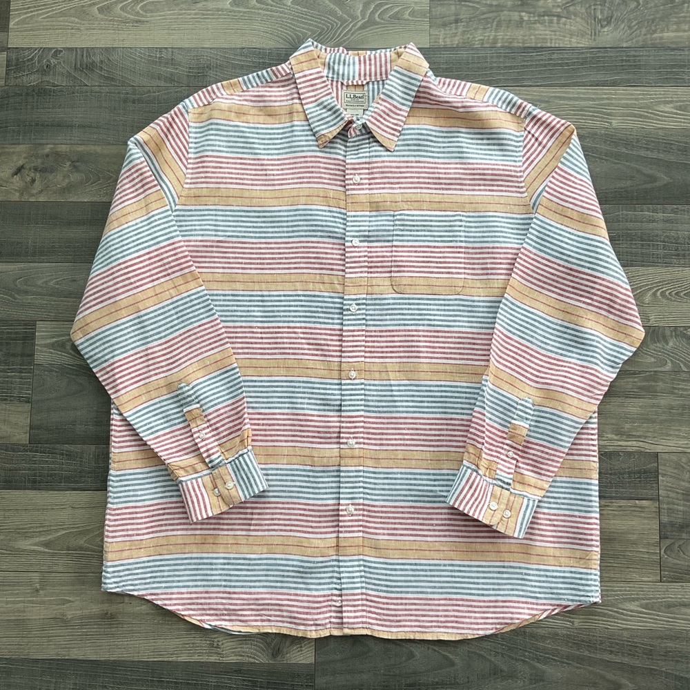 LL Bean 100% Linen Shirt Men’s XXL Blue Red White Striped Slightly Fitted 296535